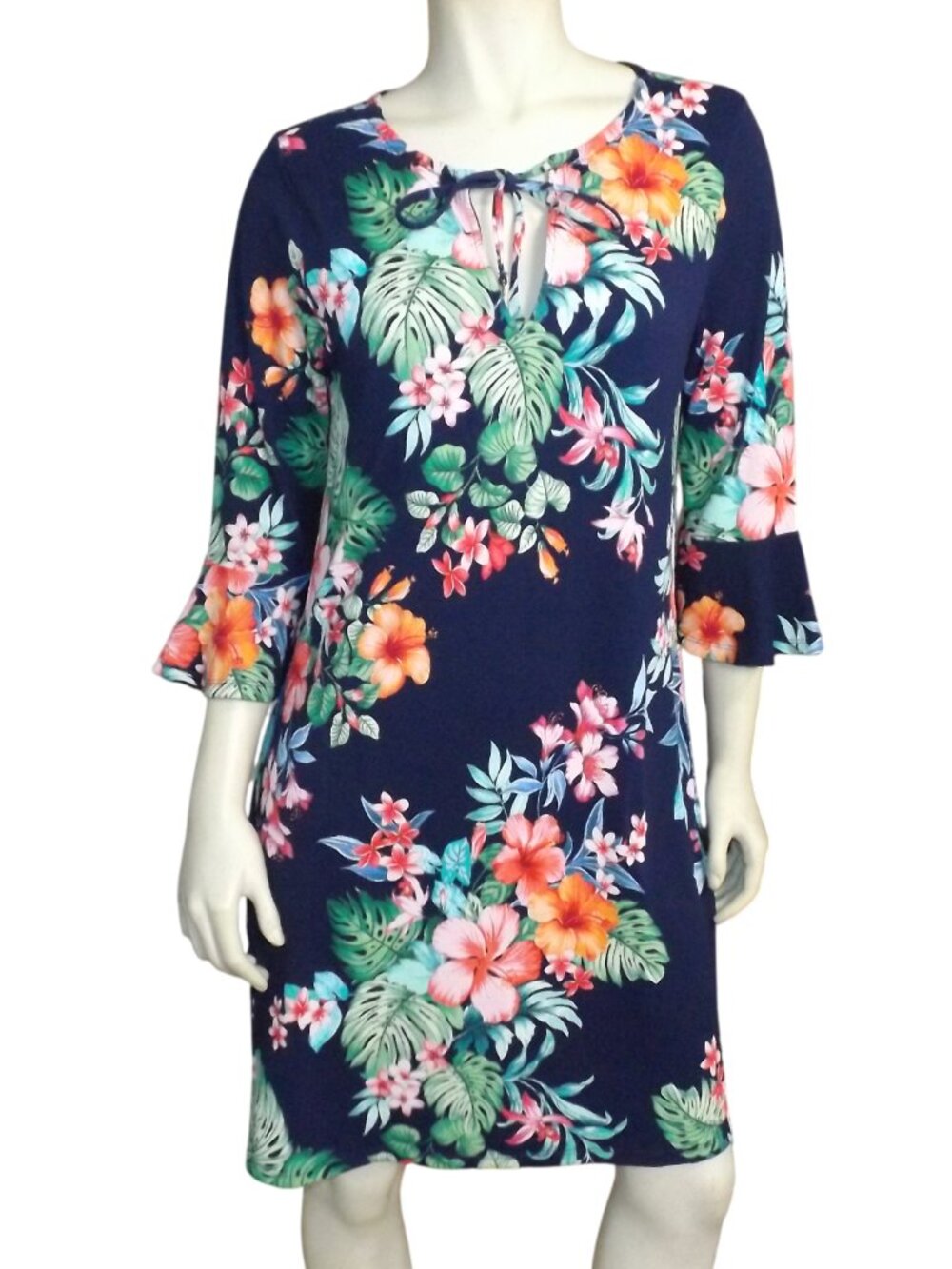 new TOMMY BAHAMA Swim Coverup Dress, M, Blue Floral, Island Cays, Bell cuff